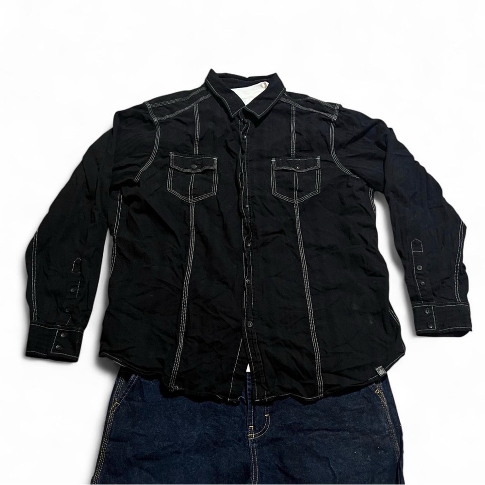 Black Machine embroidered button up shirt with contrast white stitching Size XXL